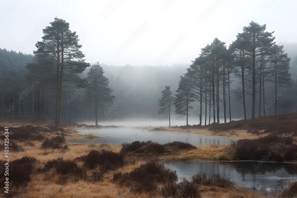 Fototapeta premium Extensive winter landscape in the morning mist, gentle wafts of mist, mystical atmosphere
