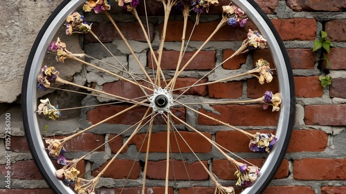 Bicycle wheel with dried flower spokes against brick wall, nature reclaims photo