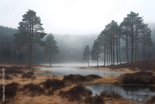 Extensive winter landscape in the morning mist, gentle wafts of mist, mystical atmosphere