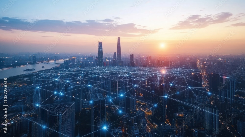 Fototapeta premium Aerial view of a modern city skyline at sunset, with interconnected