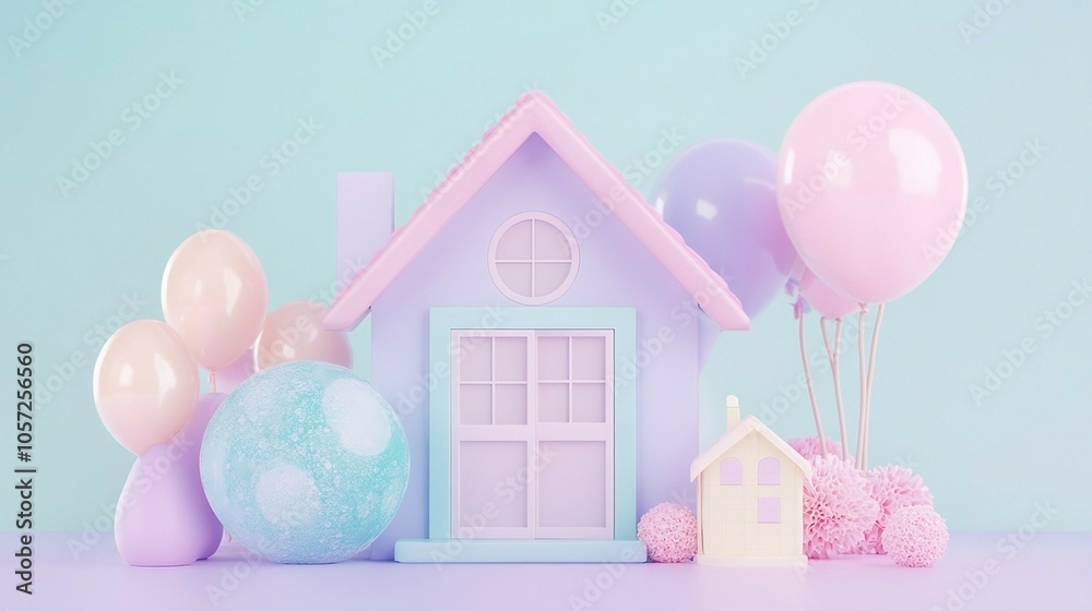 A pastel-themed decor display featuring a small house and colorful balloons against a soft blue background. A pastel-themed decor display featuring a small house and colorful balloons against a soft blue background.