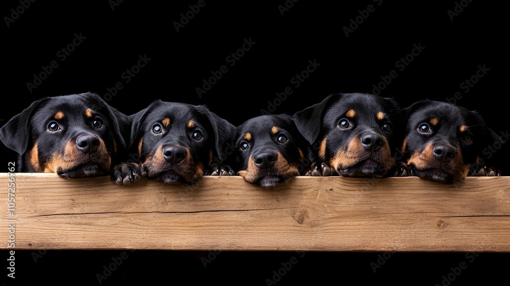 Obraz premium Powerful Rottweilers with Gleaming Coats Pressing Noses to Camera - Captivating Close-Up of Strong Breeds Showcasing Deep Texture and Dynamic Lighting