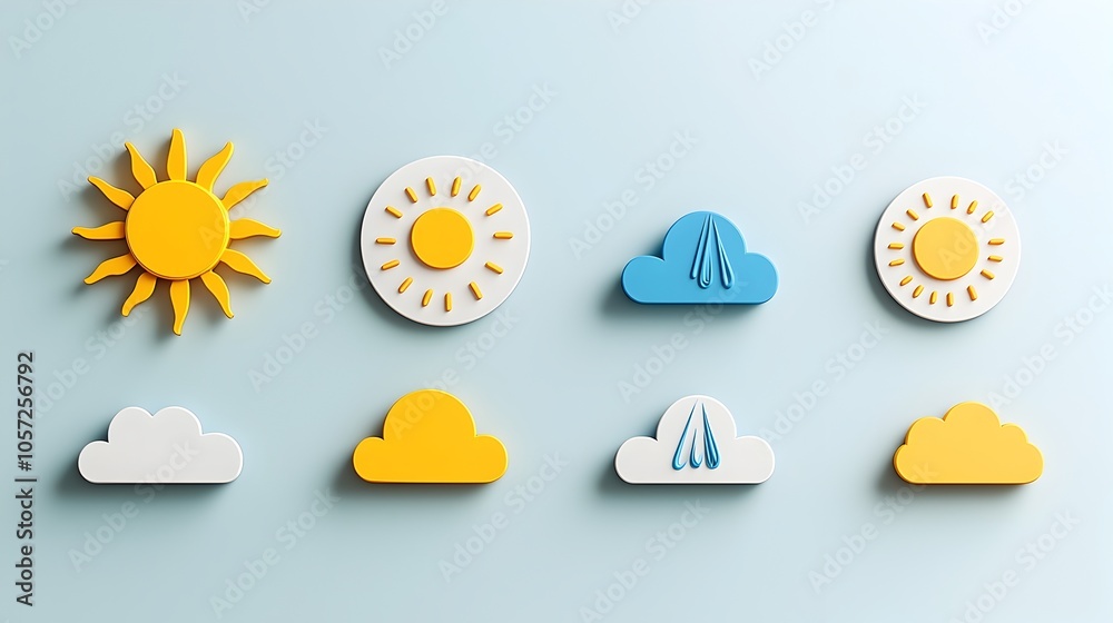 Minimalistic icons depicting sun clouds and rain in a clean two tone ...