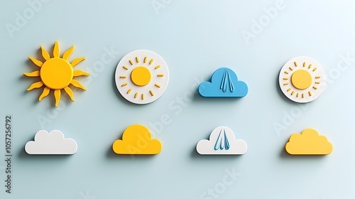 Minimalistic icons depicting sun clouds and rain in a clean two tone color scheme with contrasting elements and subtle shadows designed for use in weather related digital products UIUX photo