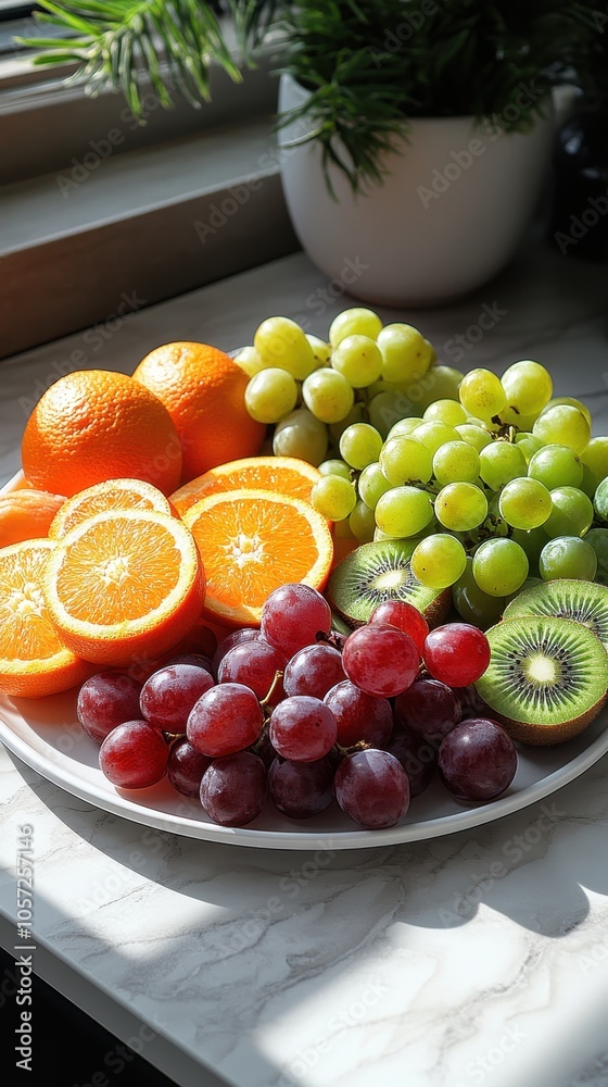 Vibrant fruit display featuring oranges, grapes, kiwi on a pristine white plate, showcasing freshness and color contrast. Vibrant fruit display featuring oranges, grapes, kiwi on a pristine white plate, showcasing freshness and color contrast.