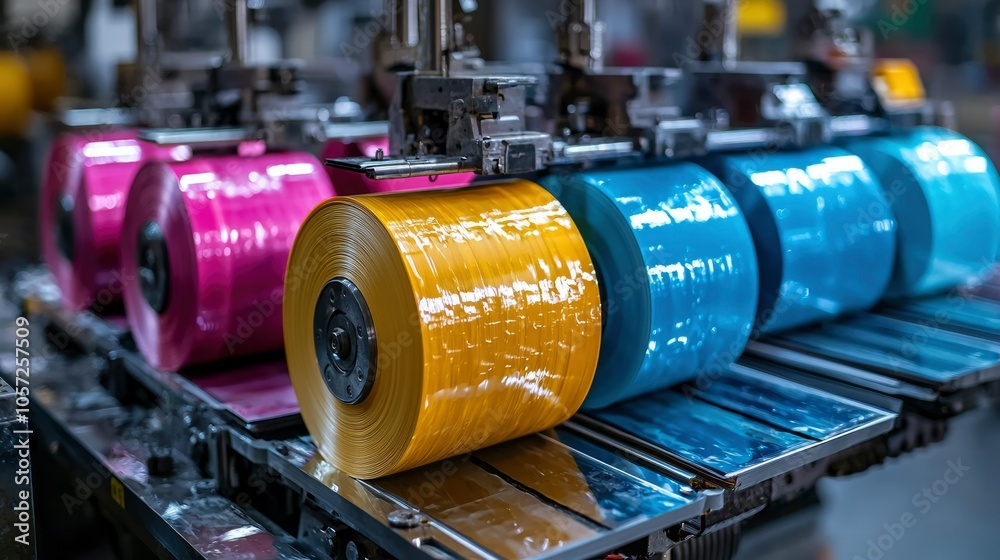Close-up of Industrial Packaging Machine with Colored Rolls of Film Close-up of Industrial Packaging Machine with Colored Rolls of Film