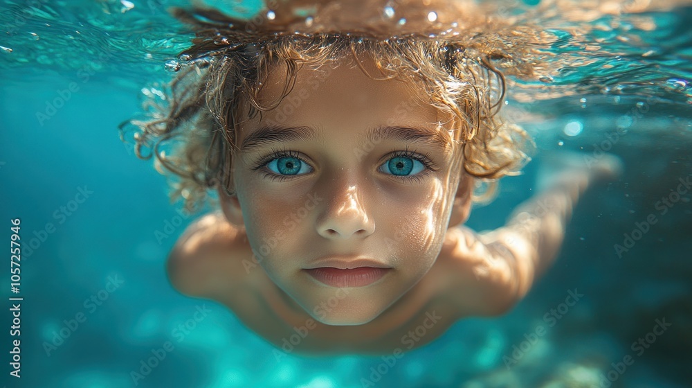 Underwater portrait of a young boy with blue eyes looking directly at the camera. Underwater portrait of a young boy with blue eyes looking directly at the camera.
