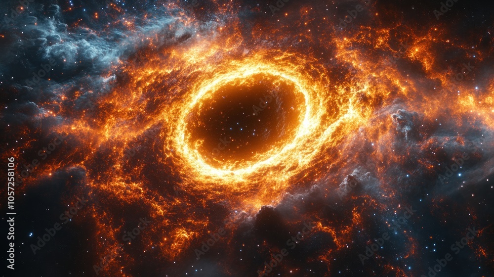 A fiery ring of energy in a nebula, a cosmic event with swirling clouds of gas and dust. A fiery ring of energy in a nebula, a cosmic event with swirling clouds of gas and dust.