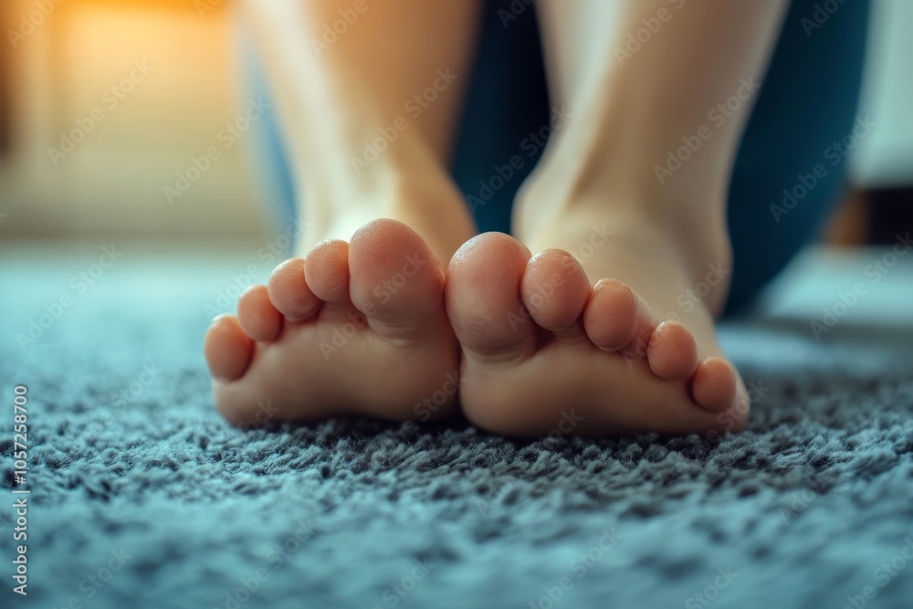 Close-up bare feet of person feeling itchy and irritated try to scratching by finger, Generative AI Close-up bare feet of person feeling itchy and irritated try to scratching by finger, Generative AI
