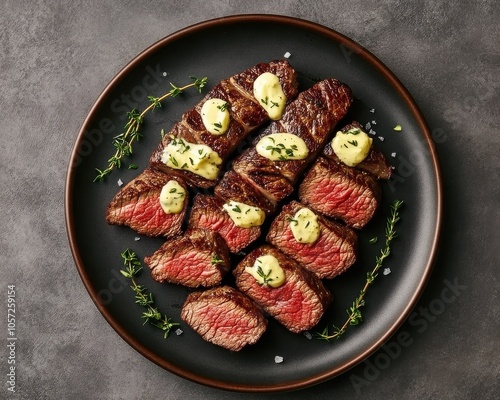 Grilled Sliced Steak with Herb Butter on Black Plate photo