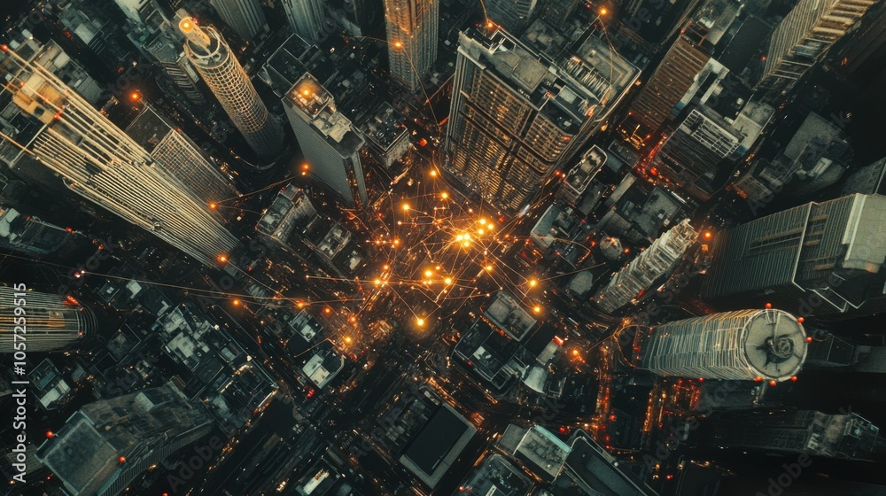 Top-down view of a smart city, featuring wireless communication Top-down view of a smart city, featuring wireless communication