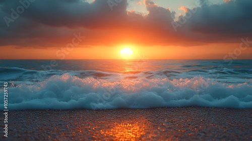 Picturesque sunset over the sea A dramatic view of a sunset with the sun setting over the ocean in warm orange tones as the waves gently crash onto the shore. photo