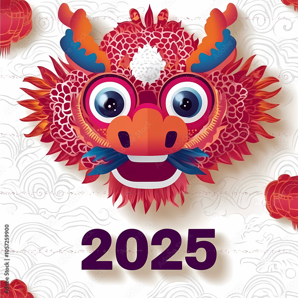 Naklejka premium Festive Chinese New Year Background: Paper-Cut Dragon and '2025' Design A vibrant vector illustration perfect for greeting cards or posters, featuring traditional motifs against a 4k, Generative AI.