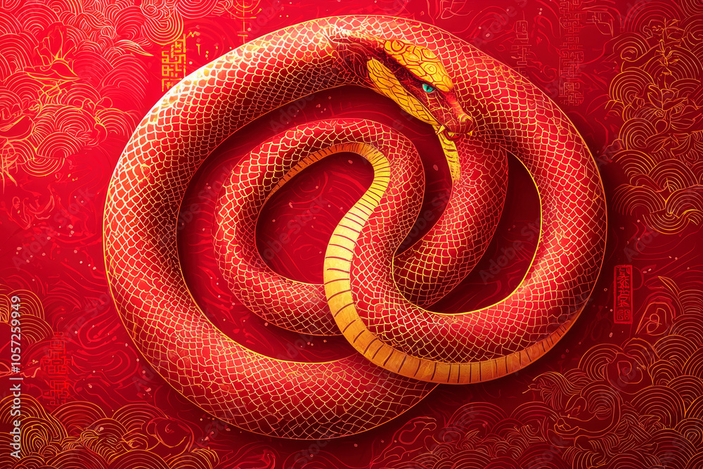 Fototapeta premium 2025 Chinese New Year, Year of the Snake. Red and gold snake on a red background