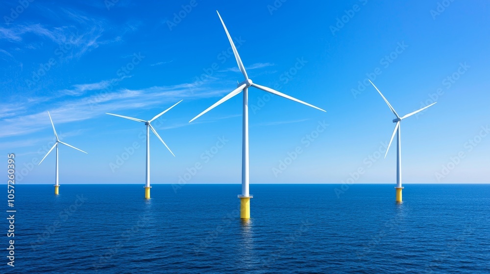 In the middle of blue waters and under expansive blue skies a tall offshore wind farm stands tall, with white wind turbines harnessing nature's strength.