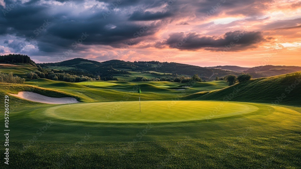 Obraz premium A beautifully maintained golf course with rolling hills, under a dramatic sky at dusk
