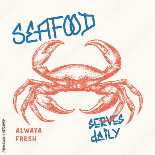 Seafood Crab t-shirt print, sea waves, fishing, vector grunge design. Seafood Crab Varsity Vector Graphic, Retro food graphics vintage tee print design, Crab vector artwork for apparel t-shirt graphic photo