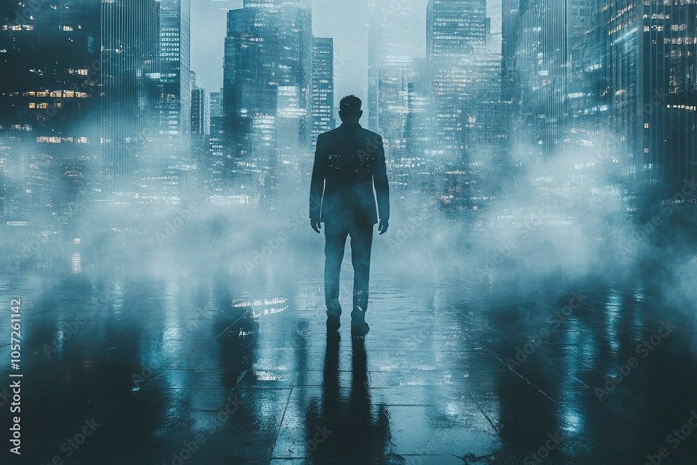 A Silhouetted Man Stands in a Foggy Cityscape A Silhouetted Man Stands in a Foggy Cityscape