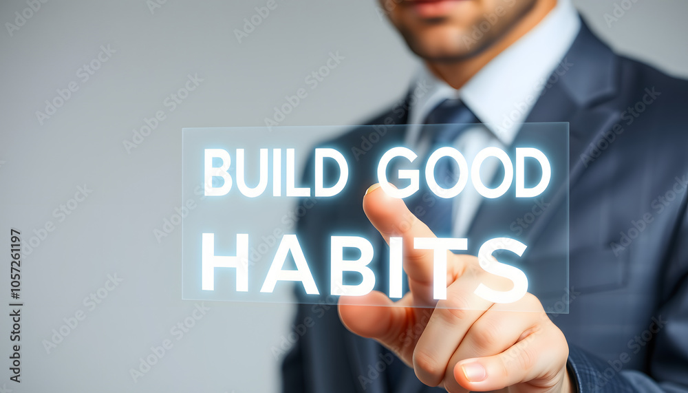 Business man using virtual touch screen presses inscription: BUILD GOOD HABITS. Concept of build good habits. Business, psychological and build good habits isolated with white highlights, png Business man using virtual touch screen presses inscription: BUILD GOOD HABITS. Concept of build good habits. Business, psychological and build good habits isolated with white highlights, png