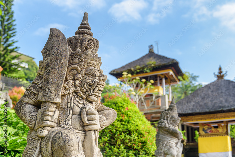Closeup view of a guardian statue at Hindu Balinese temple Closeup view of a guardian statue at Hindu Balinese temple