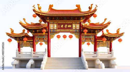 Chinese-style arch, red and gold color scheme, with a symmetrical composition, white background, a three-dimensional sense of space, wid 4k, Generative AI. photo