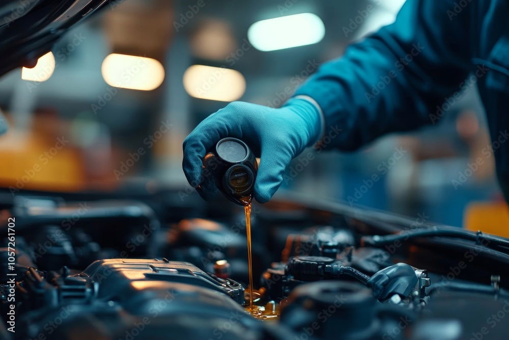 Close-up shot mechanician checking engine lubricant oil level at auto service station, Generative AI Close-up shot mechanician checking engine lubricant oil level at auto service station, Generative AI