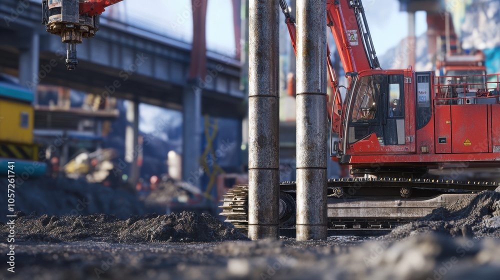 A detailed shot of a pile driver installing deep foundations for a highway overpass. A detailed shot of a pile driver installing deep foundations for a highway overpass.