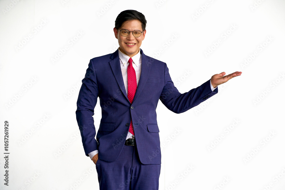 Asian businessman smile in formal blue navy suit and show left hand for present template portrait in isolate white background. Asian businessman smile in formal blue navy suit and show left hand for present template portrait in isolate white background.