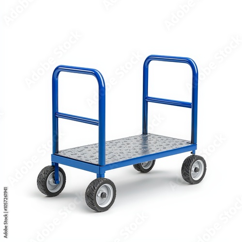 A blue hand truck with a flat platform and four wheels for transporting goods. photo