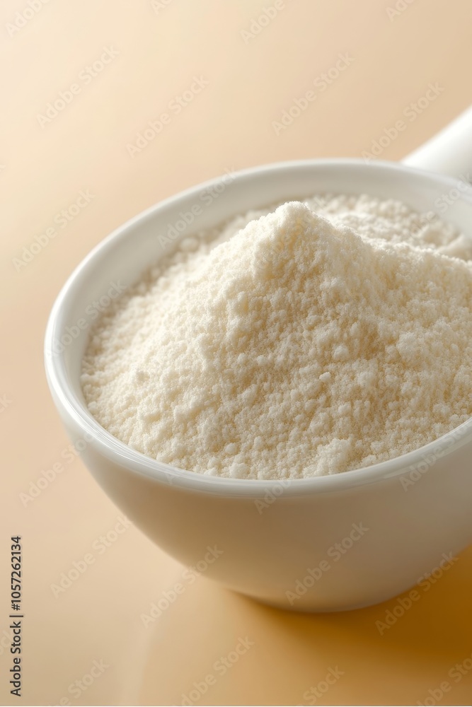 Collagen powder, protein powder in white ceramic spoon. Beauty and health supplement, top view. Collagen powder, protein powder in white ceramic spoon. Beauty and health supplement, top view.