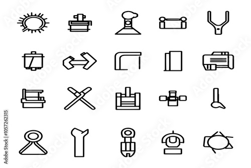 Collection of Industrial and Mechanical Engineering Outline Icons for Technical and Manufacturing Designs.