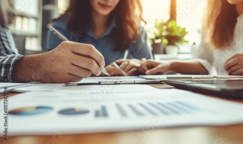 financial investor advisory. Close up hand pointing at contract and document while sitting together with young couple at the desk in office, Generative AI