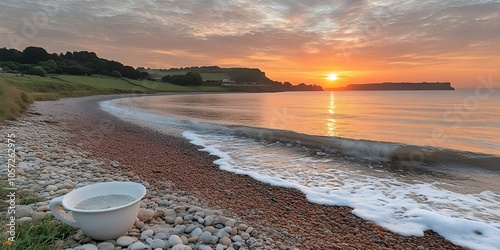 Picturesque sunset over the sea A dramatic view of a sunset with the sun setting over the ocean in warm orange tones as the waves gently crash onto the shore. photo