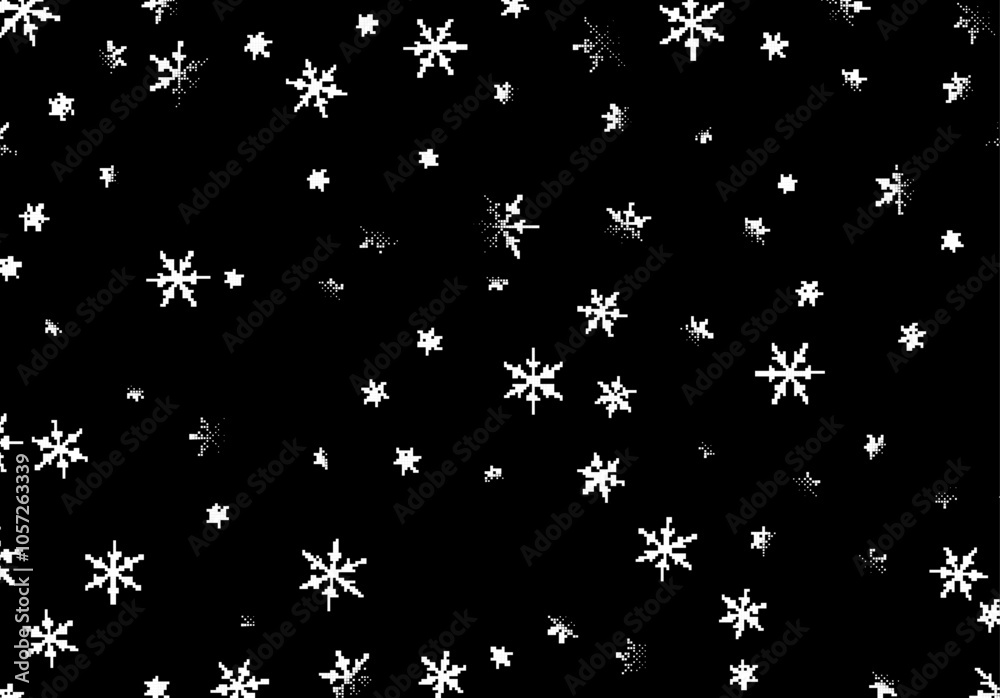 Pixel snowflakes on black background for Christmas greeting card. Winter snowfall, in 8bit pixel style Pixel snowflakes on black background for Christmas greeting card. Winter snowfall, in 8bit pixel style