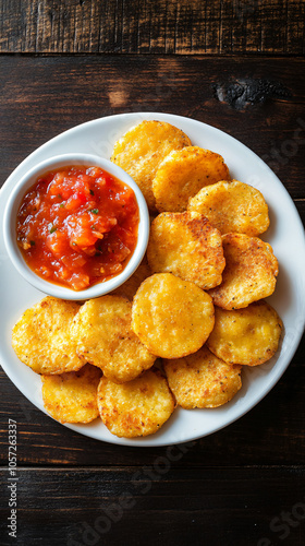 Serving up tasty fried polenta discs with a side of fresh salsa on a white plate