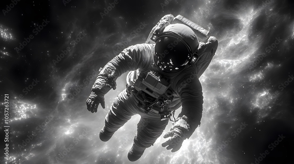 Fototapeta premium Astronaut floating in the vastness of space, surrounded by cosmic clouds.
