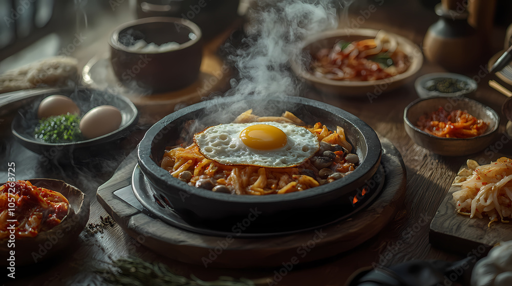 Warm Korean Cuisine: Table Spread with Japchae and Stone Pot Rice Cake Capturing the essence of a relaxed meal, highlighting the delicious details and inviting atmosphere. 4k, Generative AI. Warm Korean Cuisine: Table Spread with Japchae and Stone Pot Rice Cake Capturing the essence of a relaxed meal, highlighting the delicious details and inviting atmosphere. 4k, Generative AI.