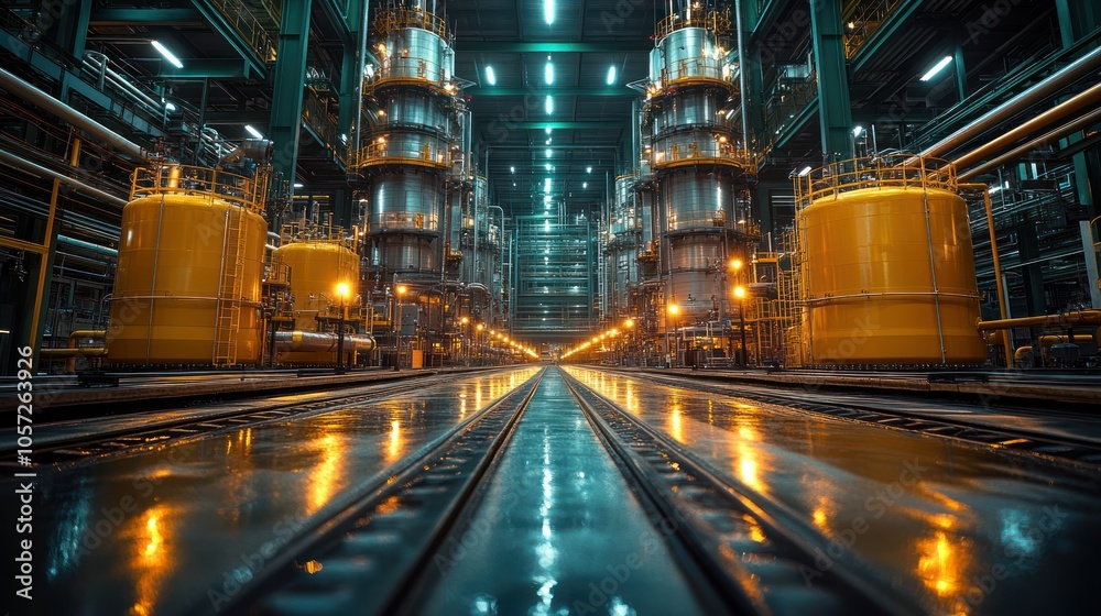 A large industrial plant with large tanks and machinery, lit by bright lights, and a long, narrow walkway leading to the center. A large industrial plant with large tanks and machinery, lit by bright lights, and a long, narrow walkway leading to the center.