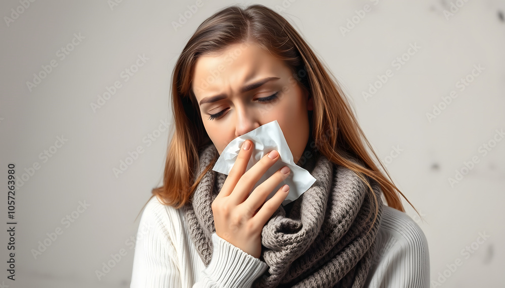 Studio shot of beautiful young female model has bad cough, uses tissue, wears scarf on neck, feels unwell and unhealthy, isolated over white concrete background. Sickness and illness concept isolate Studio shot of beautiful young female model has bad cough, uses tissue, wears scarf on neck, feels unwell and unhealthy, isolated over white concrete background. Sickness and illness concept isolate