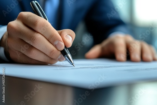 businessman sitting at desk holds pen signing contract paper, lease mortgage, employment hr or affirm partnership, Generative AI