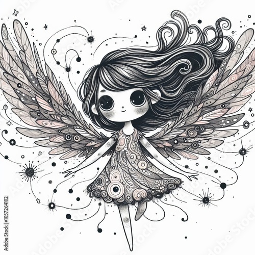 Whimsical illustration of a girl with a pair of floating etherea photo