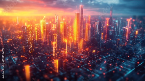 Futuristic city skyline at sunset with glowing lights.