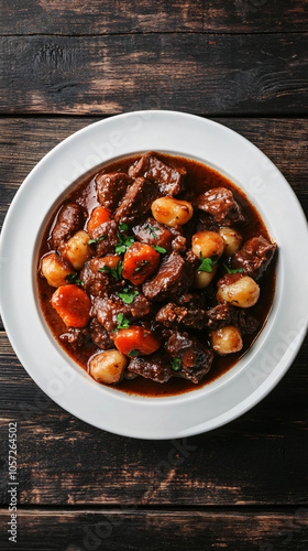 Beef stew with meat, dumplings, and veggies, topped with parsley, simmering in a white bowl on a rustic table