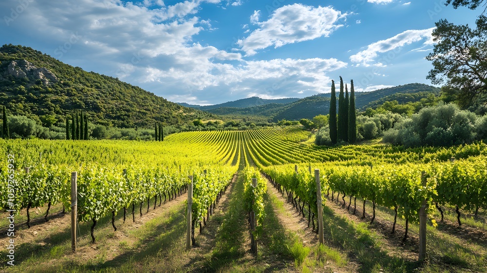 Naklejka premium Lush green vineyard landscape under a blue sky with scattered clouds.