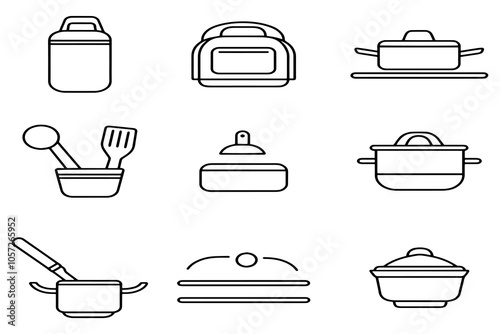 Minimalistic Line Art Kitchenware Icons Set for Cooking, Baking, and Culinary Illustration Projects.