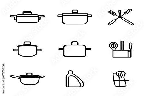 Set of Kitchenware Outline Icons: Cooking Pots, Pans, Utensils, and Appliances for Kitchen Essentials Collection.