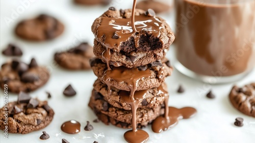 Stack of chocolate chip cookies with chocolate drizzle on top