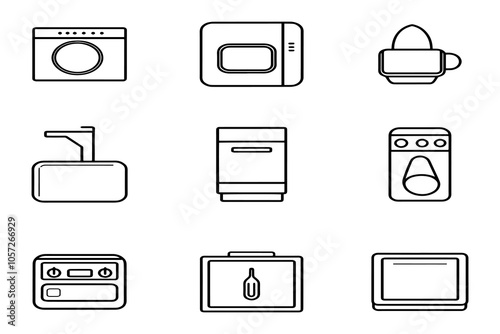 Minimalist Line Icons of Kitchen Appliances and Home Electronics for Use in Modern Graphic Designs.