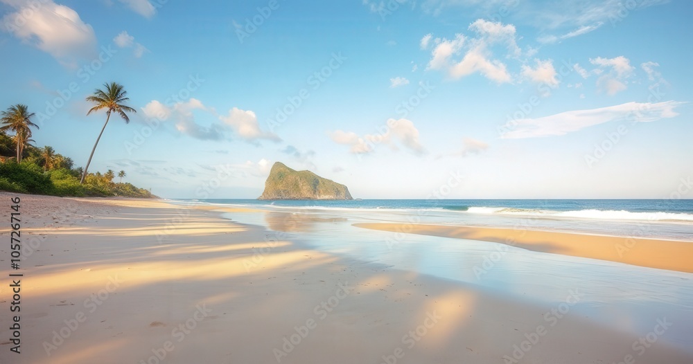 Tropical beach with calm ocean and island
Tropical beach with calm ocean and island