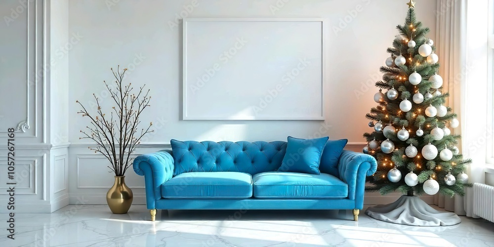 The living area is modernly furnished with a sky blue tufted sofa, a Christmas tree, and a white frame on the wall. The floors are covered in white marble with gold accents. The living area is modernly furnished with a sky blue tufted sofa, a Christmas tree, and a white frame on the wall. The floors are covered in white marble with gold accents.